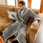Men's Fashion Style Store GRAY / L (45-60kg) Warm Autumn Winter Flannel Men Bathrobe Thick Long Night Sleepwear Velvet Kimono Robe Men's Clothing Homewear Dressing Gown