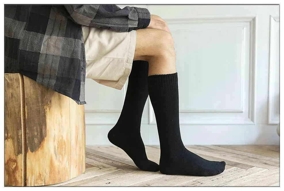 Winter Men's New High-Grade Thick Warm Solid Color Wool Material Fashion Casual Calf Long Socks 3 Pair