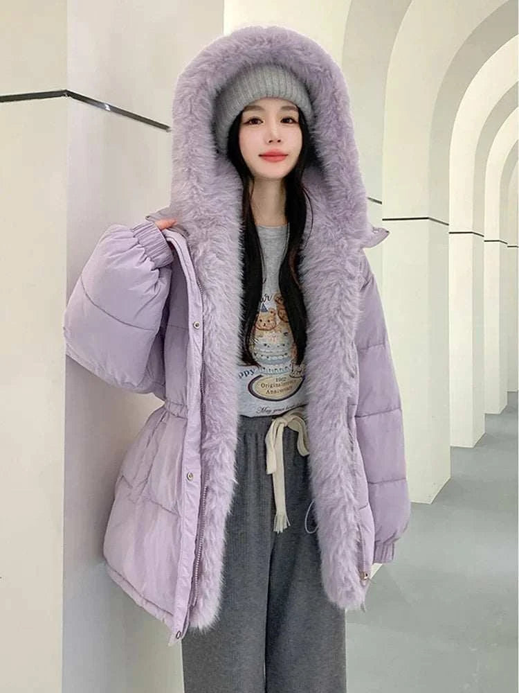 2024 New Winter Women Puffer Jacket Loose Warm Parkas Fur Hooded Cotton Padded Coat Women Outwear