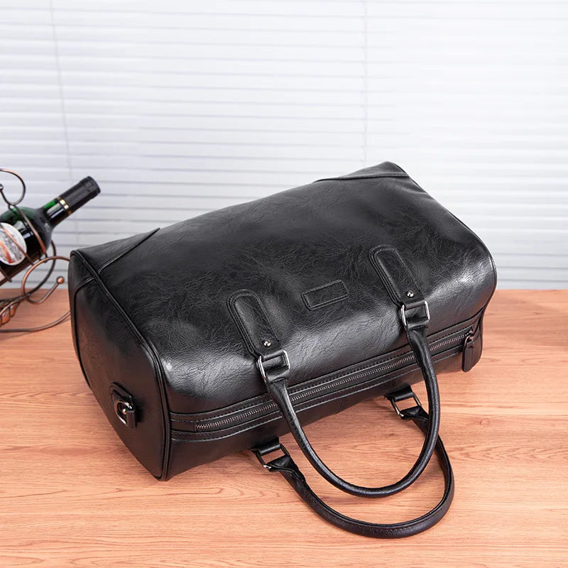 BLACK PU LEATHER GYM BAG