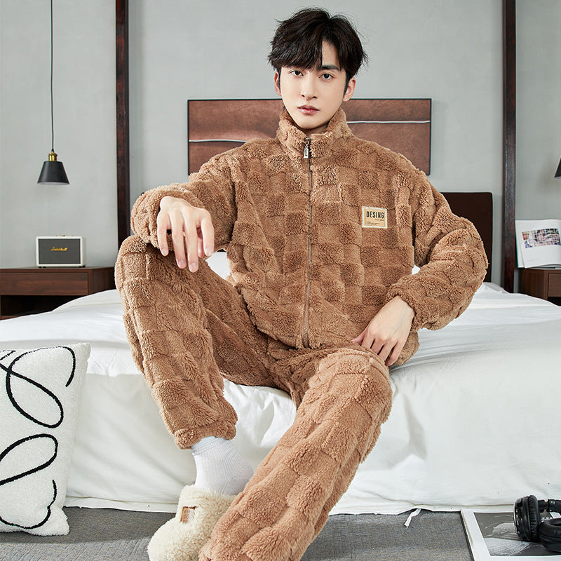 Men Warm Flannel Pajamas Autumn Thicken Long-sleeved Trousers Two-Piece Set Winter Man Pyjamas Loose Comfortable Sleepwear Suit