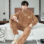 Men's Fashion Style Store 0912A Khaki / XL Men Warm Flannel Pajamas Autumn Thicken Long-sleeved Trousers Two-Piece Set Winter Man Pyjamas Loose Comfortable Sleepwear Suit
