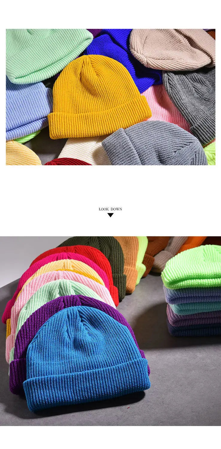 Winter Warm Unisex Wool Beanies Caps Fisherman Hat for Men Short Knit Watch Cap Cuffed Trawler Hats Hip Hop Bonnet