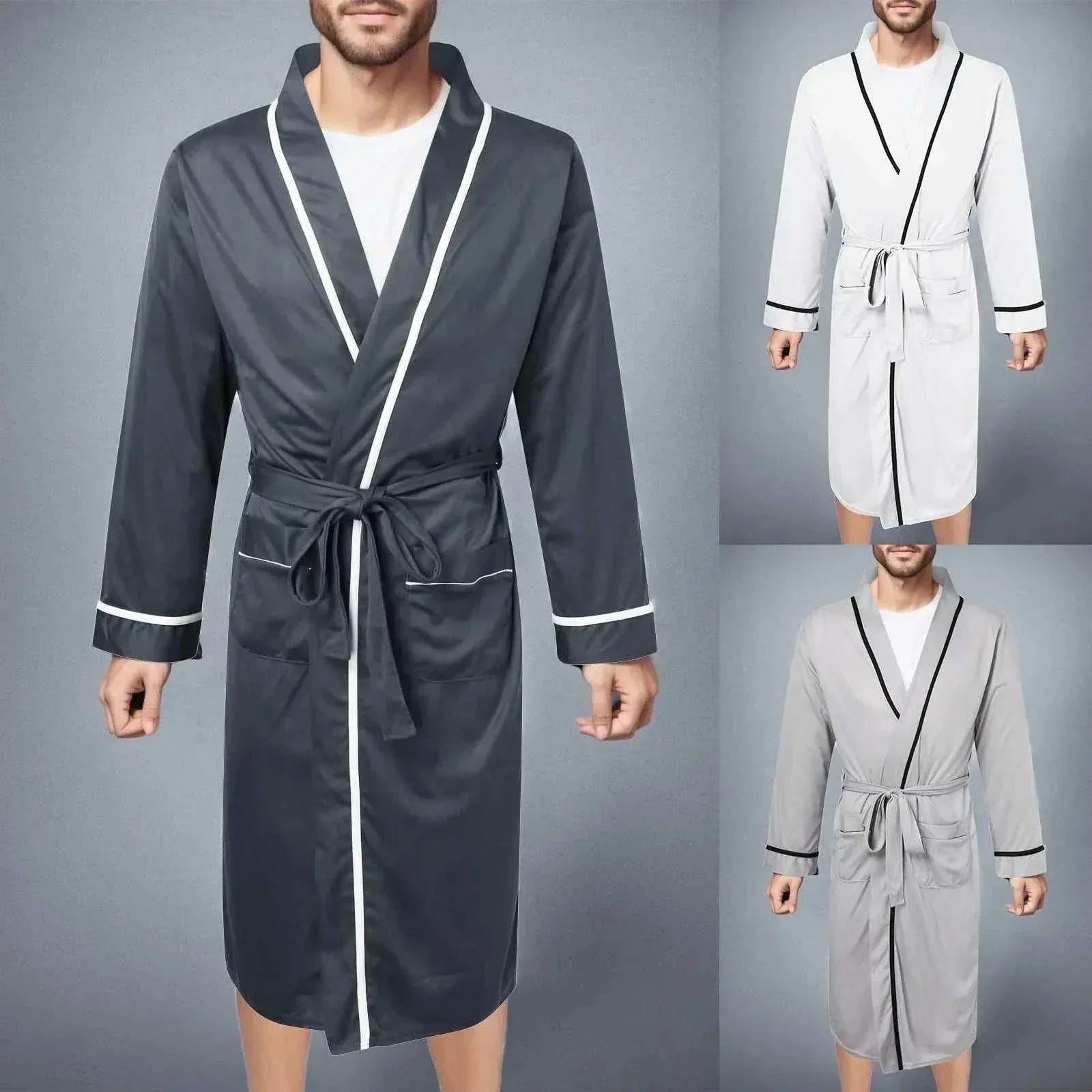 Mens Cotton Bathrobe Spring And Summer Solid Color Lace-Up Men's Pajamas Home Wear Long Sleeve Male Bathrobe Dressing Night Gown