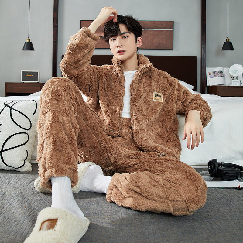 Men Warm Flannel Pajamas Autumn Thicken Long-sleeved Trousers Two-Piece Set Winter Man Pyjamas Loose Comfortable Sleepwear Suit