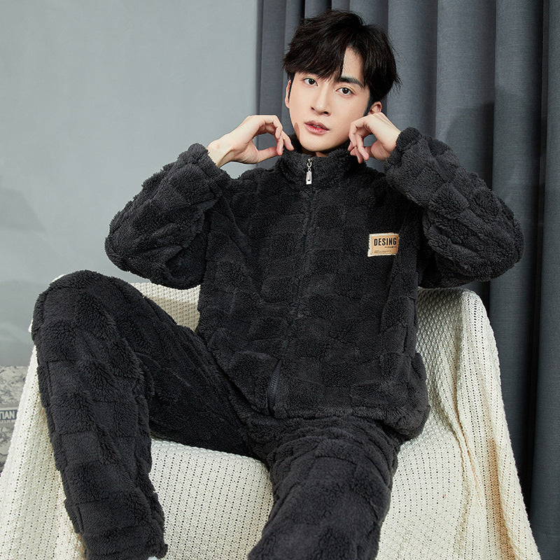 Men Warm Flannel Pajamas Autumn Thicken Long-sleeved Trousers Two-Piece Set Winter Man Pyjamas Loose Comfortable Sleepwear Suit