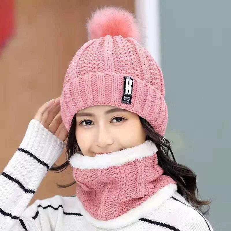 Winter Knitted Scarf Hat Set Windproof Neck Protective Warm Thickened Scarf Thick Warm Skullies Beanies Hats For Women