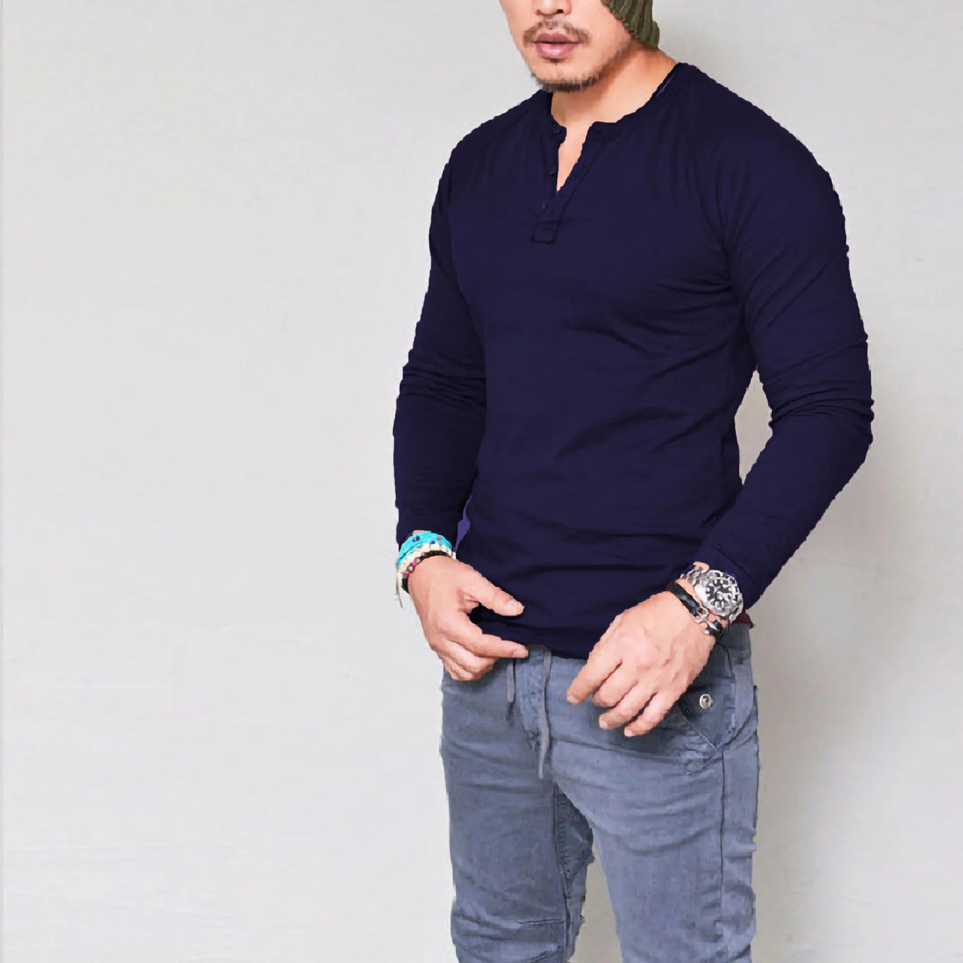 LONG SLEEVE V-NECK COTTON T-SHIRT -  Men's Fashion Style Store