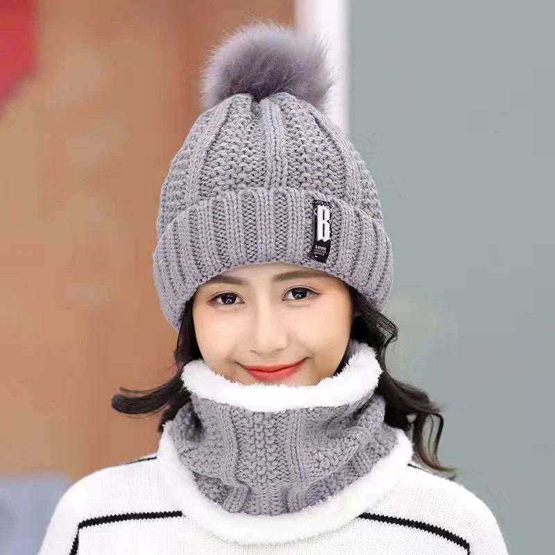 Winter Knitted Scarf Hat Set Windproof Neck Protective Warm Thickened Scarf Thick Warm Skullies Beanies Hats For Women