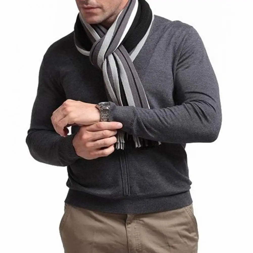 Stylish Winter Scarf Thick Windproof Soft Classic Striped Patchwork Color Men Scarf