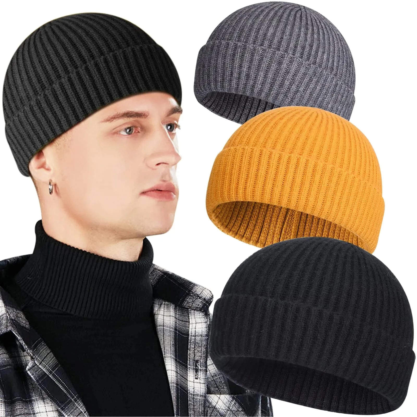 Winter Warm Unisex Wool Beanies Caps Fisherman Hat for Men Short Knit Watch Cap Cuffed Trawler Hats Hip Hop Bonnet