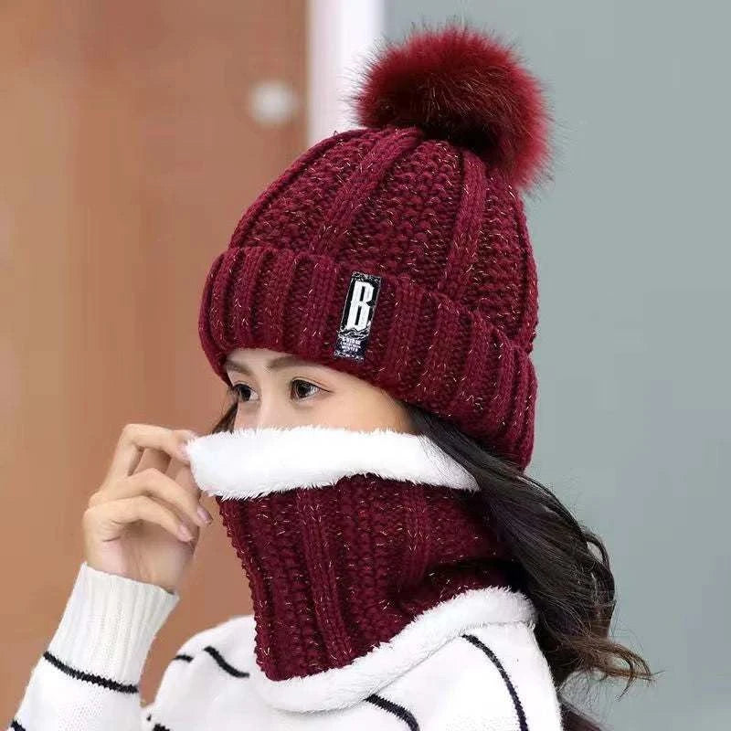 Winter Knitted Scarf Hat Set Windproof Neck Protective Warm Thickened Scarf Thick Warm Skullies Beanies Hats For Women