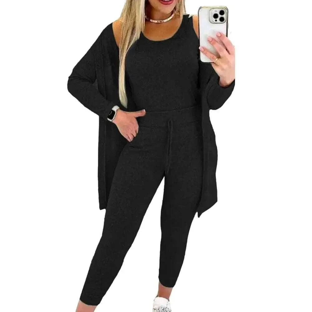  Men's Fashion Style Store black / 2XL New Autumn Winter Women's Elastic Pajamas Sports Set Crop Top+Long Pants+Coat Woman 3 Pieces Suit Soft Homewear Pyjamas S-3XL