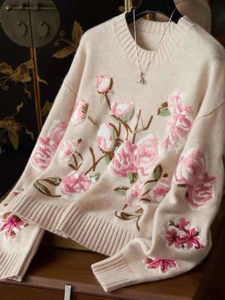 Fasbion Elegant Sweaters Long Sleeve Flower Embroidery Design Aesthetics Short Pullovers Casual Loose Vintage Women's Clothing