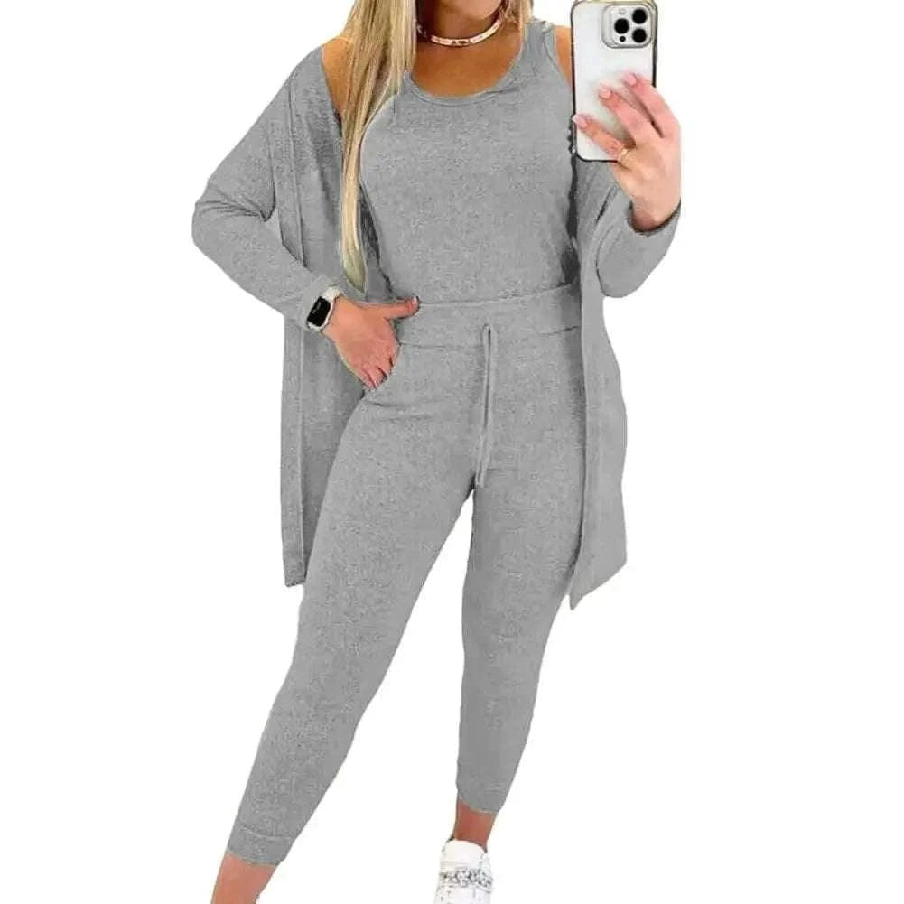  Men's Fashion Style Store Grey / XL New Autumn Winter Women's Elastic Pajamas Sports Set Crop Top+Long Pants+Coat Woman 3 Pieces Suit Soft Homewear Pyjamas S-3XL