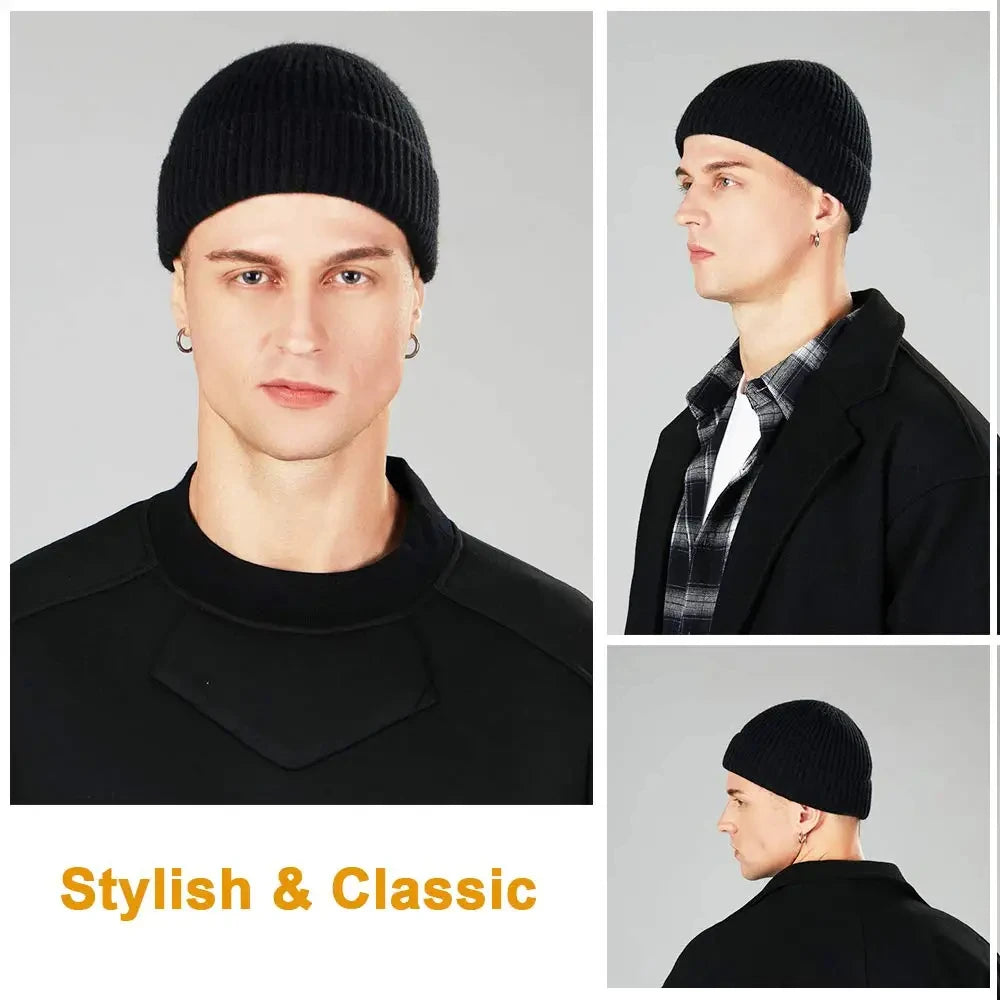 Winter Warm Unisex Wool Beanies Caps Fisherman Hat for Men Short Knit Watch Cap Cuffed Trawler Hats Hip Hop Bonnet