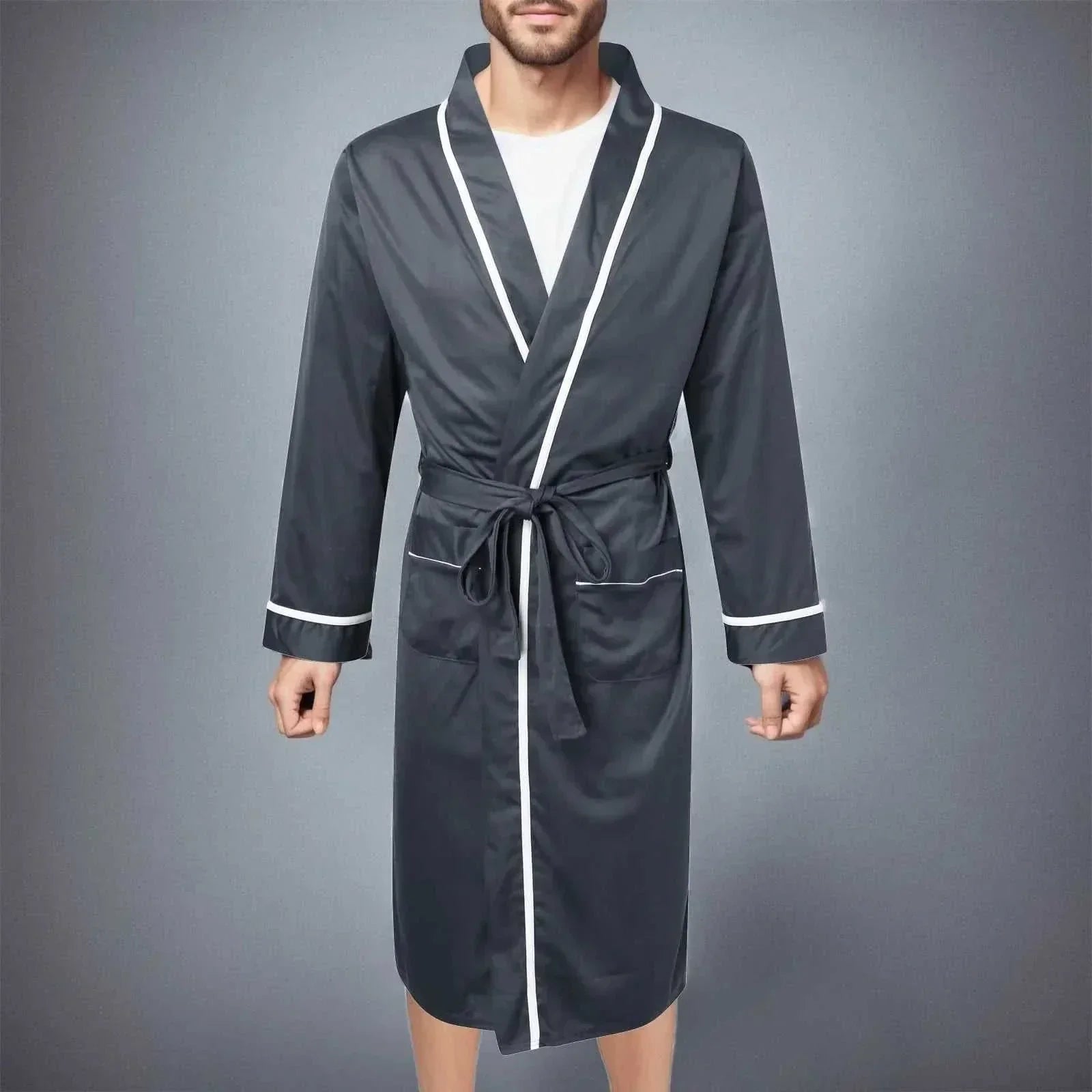 Mens Cotton Bathrobe Spring And Summer Solid Color Lace-Up Men's Pajamas Home Wear Long Sleeve Male Bathrobe Dressing Night Gown