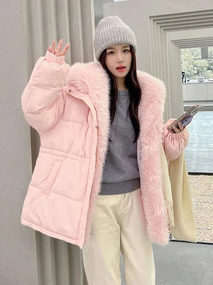 2024 New Winter Women Puffer Jacket Loose Warm Parkas Fur Hooded Cotton Padded Coat Women Outwear