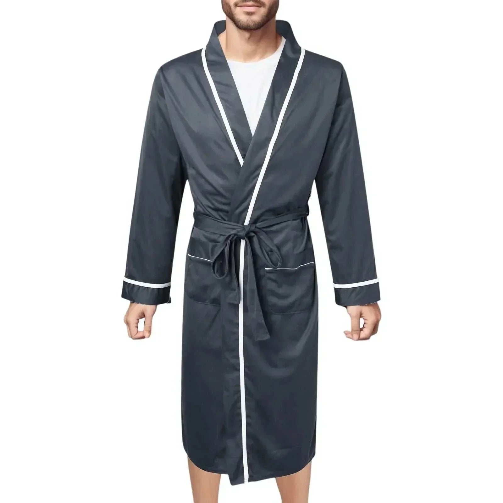 Mens Cotton Bathrobe Spring And Summer Solid Color Lace-Up Men's Pajamas Home Wear Long Sleeve Male Bathrobe Dressing Night Gown