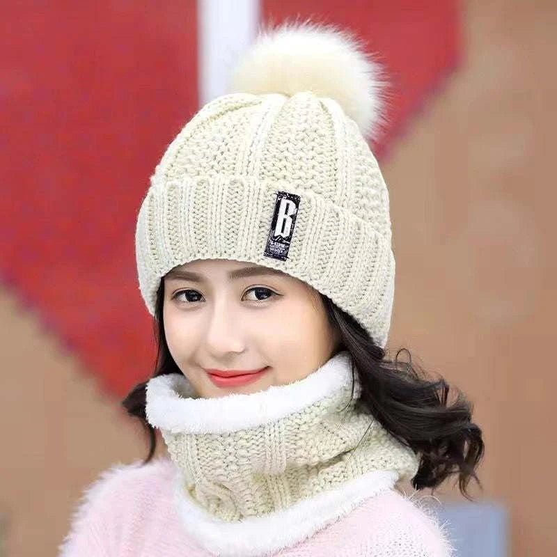 Winter Knitted Scarf Hat Set Windproof Neck Protective Warm Thickened Scarf Thick Warm Skullies Beanies Hats For Women