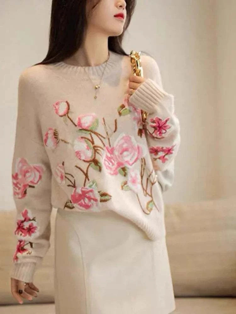 Fasbion Elegant Sweaters Long Sleeve Flower Embroidery Design Aesthetics Short Pullovers Casual Loose Vintage Women's Clothing