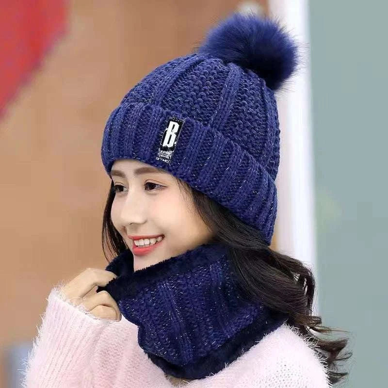 Winter Knitted Scarf Hat Set Windproof Neck Protective Warm Thickened Scarf Thick Warm Skullies Beanies Hats For Women