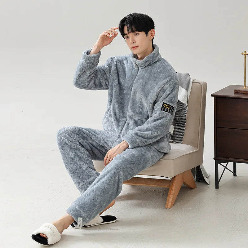 Men Warm Flannel Pajamas Autumn Thicken Long-sleeved Trousers Two-Piece Set Winter Man Pyjamas Loose Comfortable Sleepwear Suit