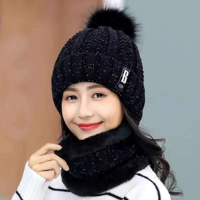 Winter Knitted Scarf Hat Set Windproof Neck Protective Warm Thickened Scarf Thick Warm Skullies Beanies Hats For Women