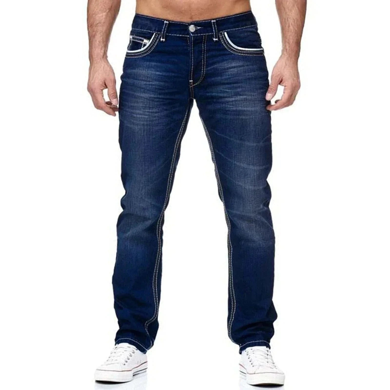  Men's Fashion Style Store Dark blue / XXL Men Jeans Solid Pockets Stretch Denim