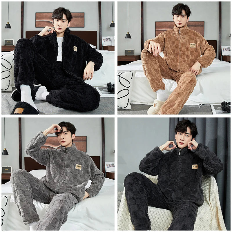 Men Warm Flannel Pajamas Autumn Thicken Long-sleeved Trousers Two-Piece Set Winter Man Pyjamas Loose Comfortable Sleepwear Suit