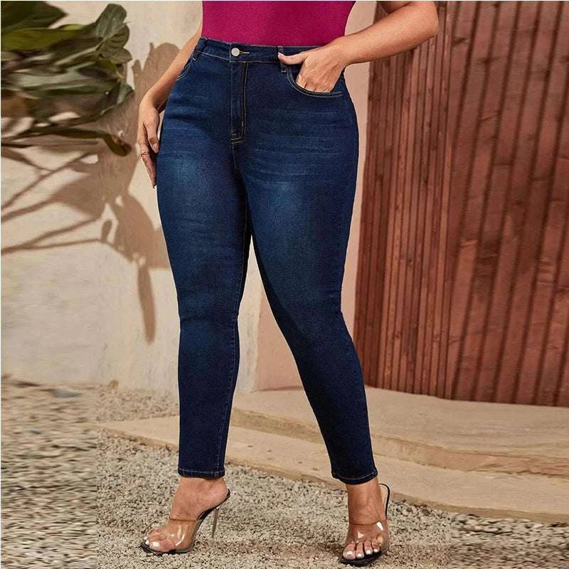 Plus Size Women Mom Jeans High Waist Plus Size Jeans High Elastic Stretch Jeans 100kgs Washed Denim Skinny Pencil Denim Pant