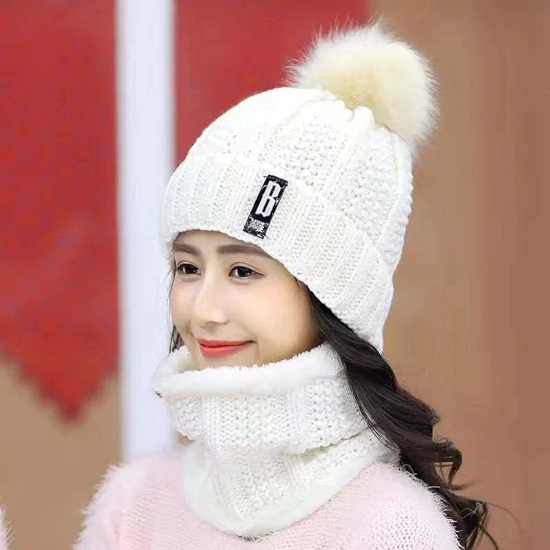 Winter Knitted Scarf Hat Set Windproof Neck Protective Warm Thickened Scarf Thick Warm Skullies Beanies Hats For Women