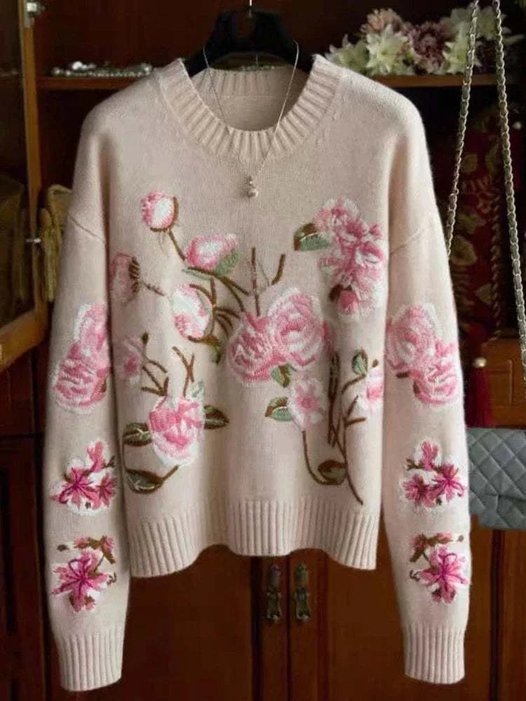 Fasbion Elegant Sweaters Long Sleeve Flower Embroidery Design Aesthetics Short Pullovers Casual Loose Vintage Women's Clothing