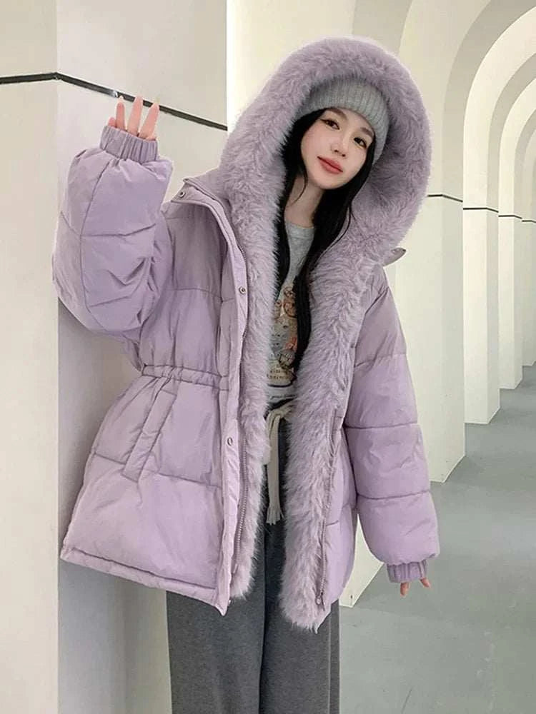 2024 New Winter Women Puffer Jacket Loose Warm Parkas Fur Hooded Cotton Padded Coat Women Outwear