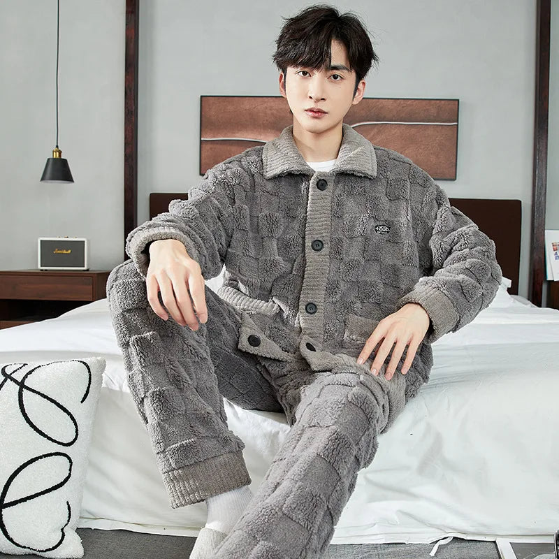 Men Warm Flannel Pajamas Autumn Thicken Long-sleeved Trousers Two-Piece Set Winter Man Pyjamas Loose Comfortable Sleepwear Suit