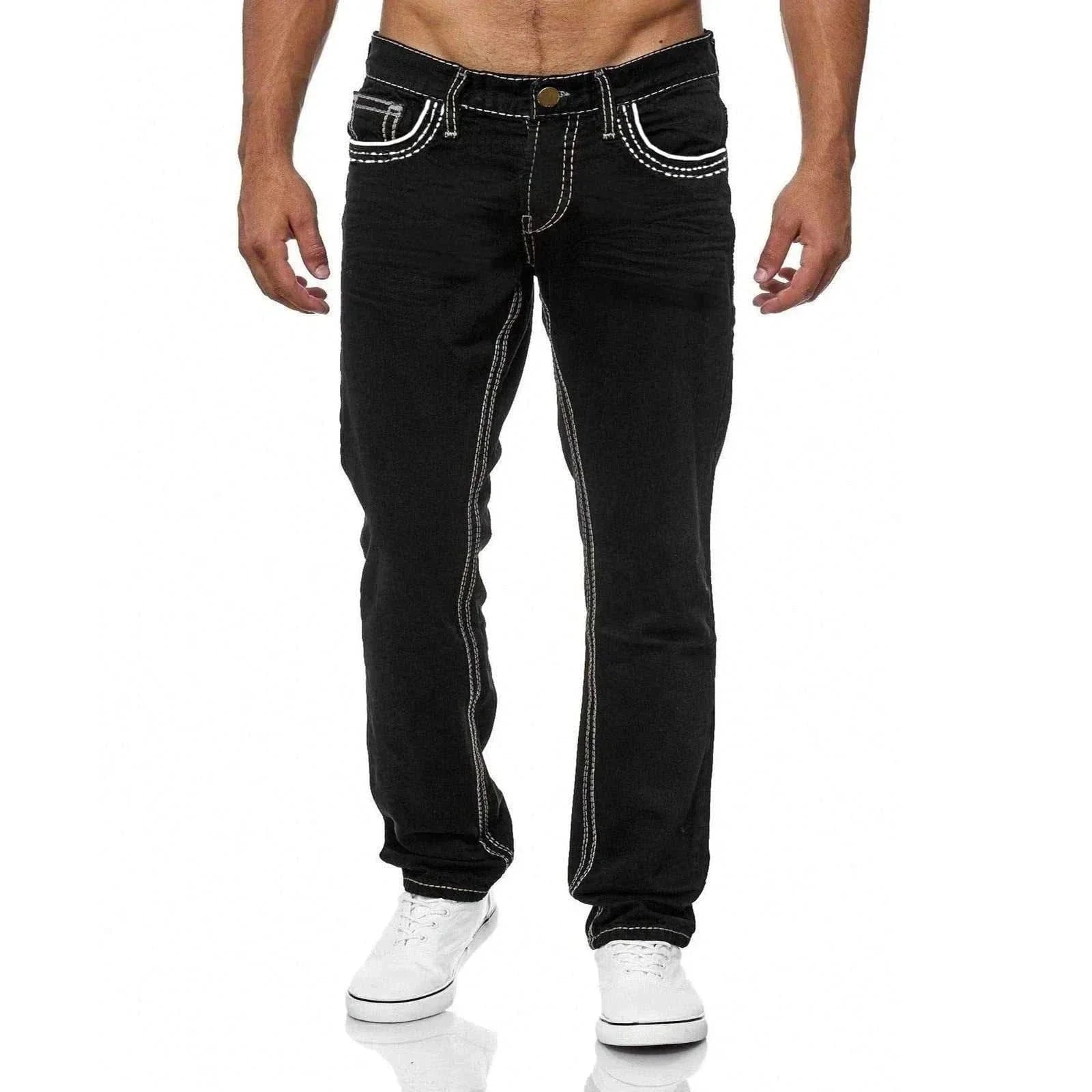  Men's Fashion Style Store Black / XXL Men Jeans Solid Pockets Stretch Denim