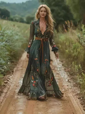  Men's Fashion Style Store Green / M Ethnic Retro Floral Print Pleated Long Dress