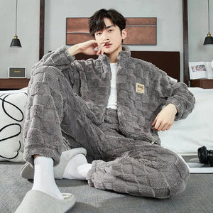 Men's Fashion Style Store Men Warm Flannel Pajamas Autumn Thicken Long-sleeved Trousers Two-Piece Set Winter Man Pyjamas Loose Comfortable Sleepwear Suit