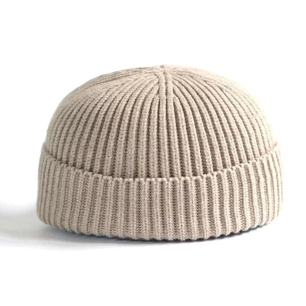 Men's Fashion Style Store Beige / CN Men Women Knitted Hat Beanie Skullcap Sailor Docker solid fashion Cuff Brimless Cap Rogue Melon Fur Woolen Knitted beanies hats