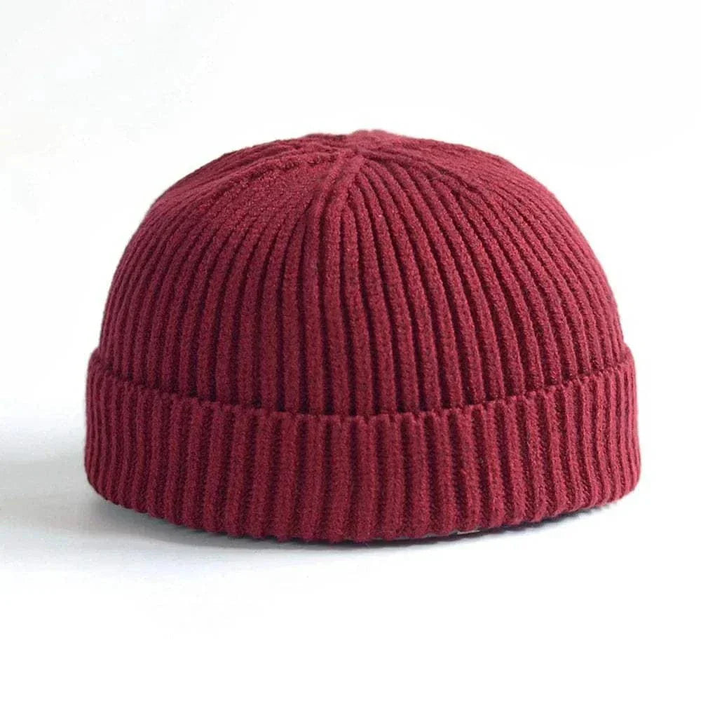 Men's Fashion Style Store Wine Red / CN Men Women Knitted Hat Beanie Skullcap Sailor Docker solid fashion Cuff Brimless Cap Rogue Melon Fur Woolen Knitted beanies hats