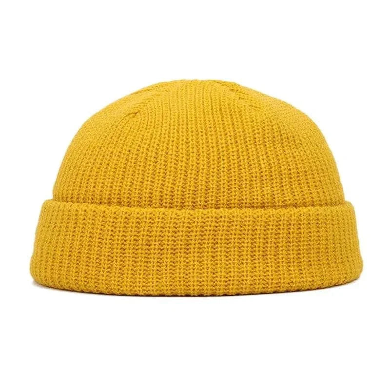 Men's Fashion Style Store Yellow / CN Men Women Knitted Hat Beanie Skullcap Sailor Docker solid fashion Cuff Brimless Cap Rogue Melon Fur Woolen Knitted beanies hats