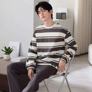 Men's Fashion Style Store Plus Size M-4XL Men Pajamas Set 100% Cotton Striped Sleepwear Male Long Sleeve Casual Pyjamas