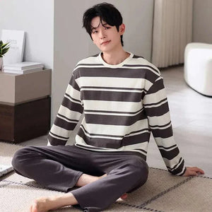 Men's Fashion Style Store MP29036 / 4XL Plus Size M-4XL Men Pajamas Set 100% Cotton Striped Sleepwear Male Long Sleeve Casual Pyjamas