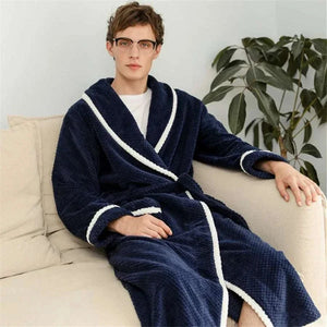 Men's Fashion Style Store Navy Blue / 2XL  (70-90kg) Warm Autumn Winter Flannel Men Bathrobe Thick Long Night Sleepwear Velvet Kimono Robe Men's Clothing Homewear Dressing Gown